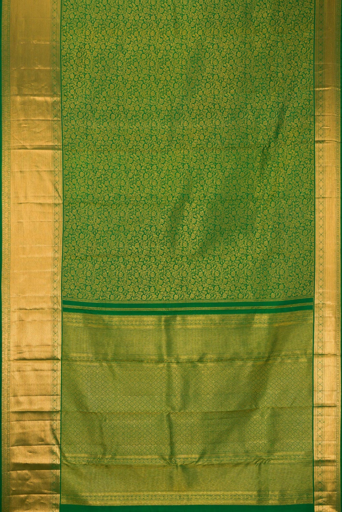 Flat view of Bottle Green Dual Tone Kanchipuram Silk Saree with Zari Brocade on the body and Zari Border. 