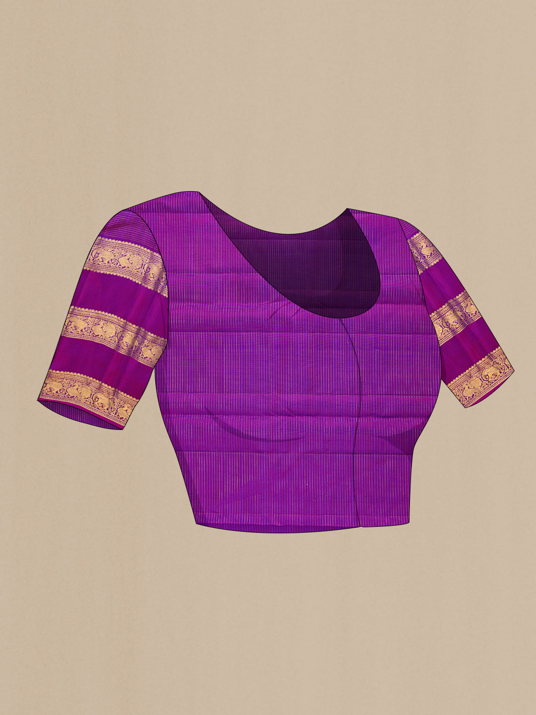 Close up image of the blouse of Navy Blue Dual Tone Kanjivaram Silk Saree with Checked design on the body and Zari Border. 