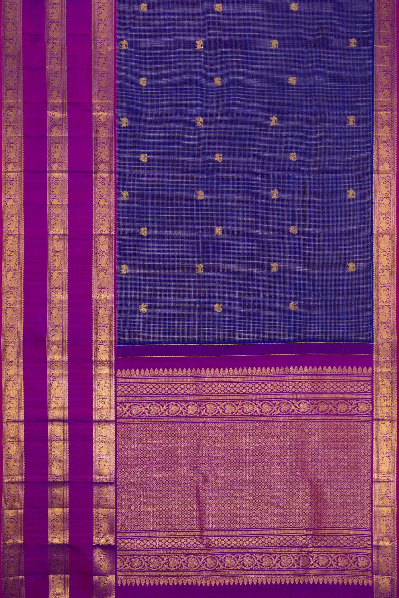 Flat view of Navy Blue Dual Tone Kanjivaram Silk Saree with Checked design on the body and Zari Border. 