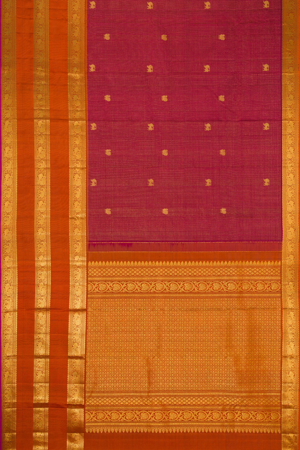 Flat view of Maroon Kanjivaram Silk Saree with Zari Butta on the body and Zari Border. 