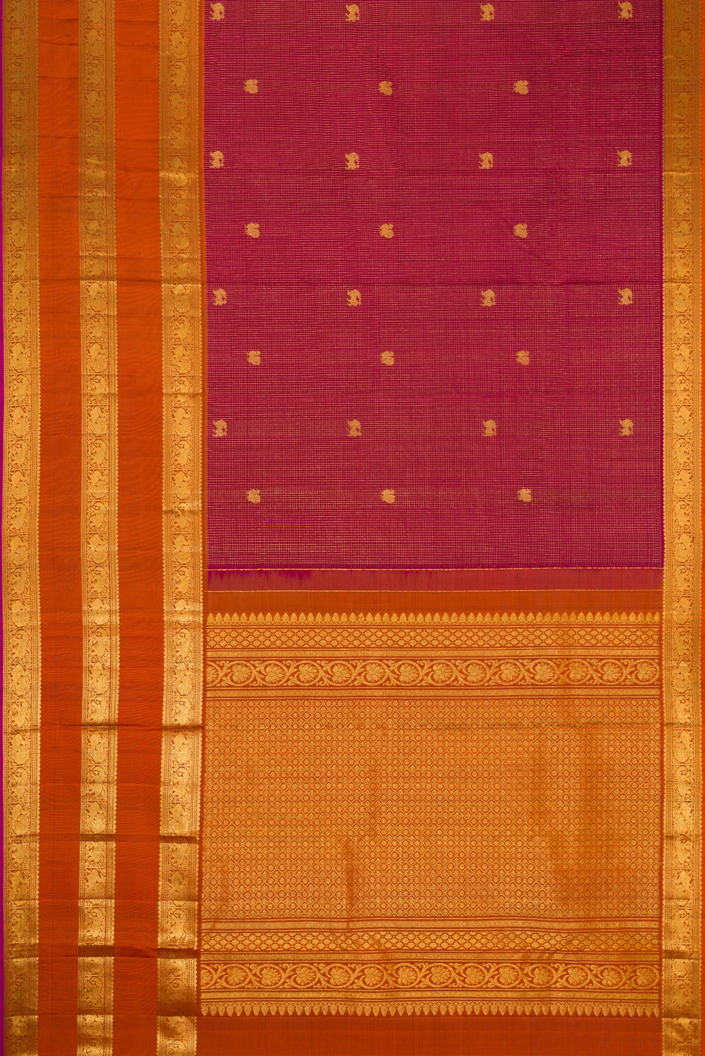 Flat view of Maroon Kanjivaram Silk Saree with Zari Butta on the body and Zari Border. 