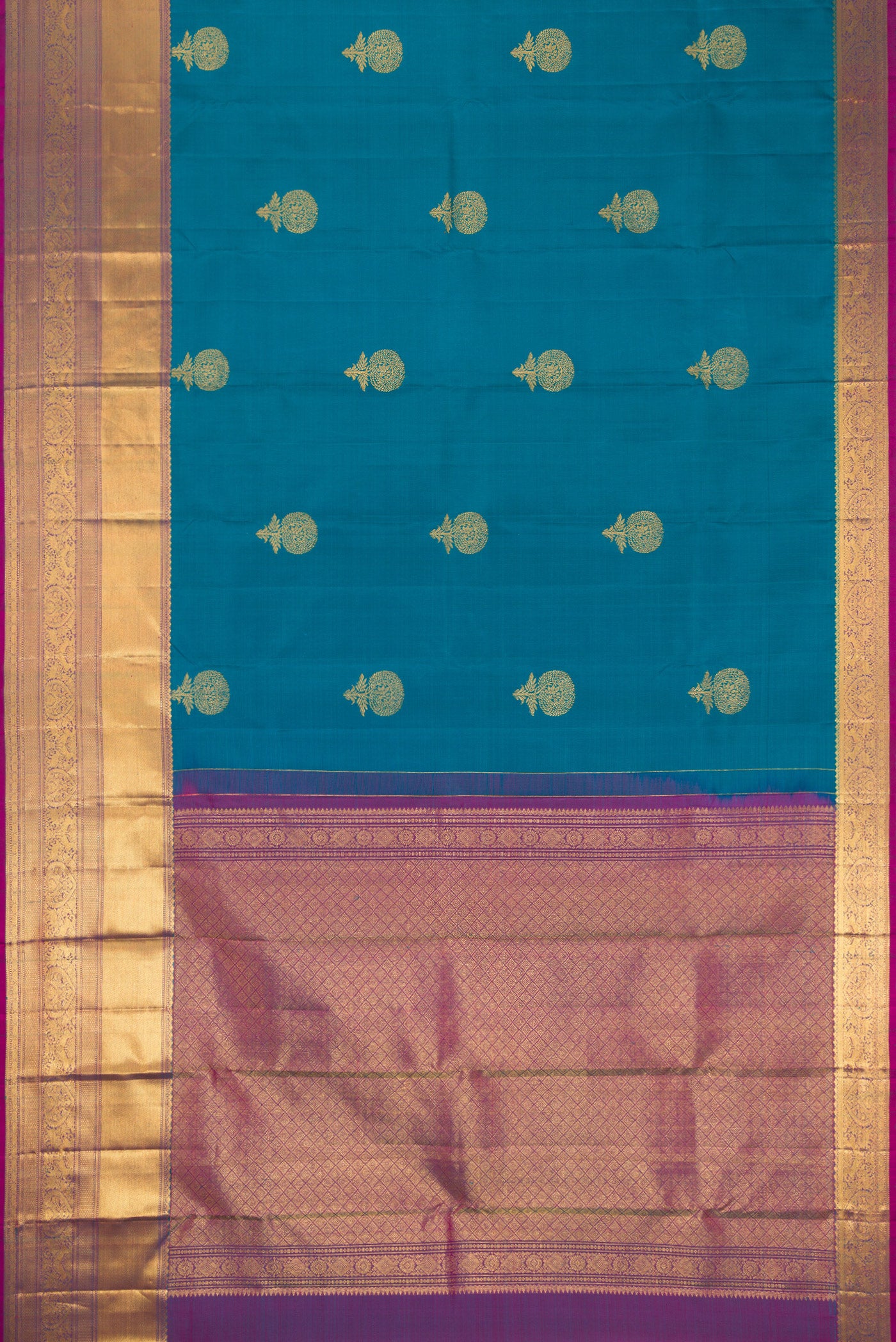 Flat view of Maya Blue Dual Tone Kanchipuram Silk Saree with Zari Butta on the body and Zari Border. 