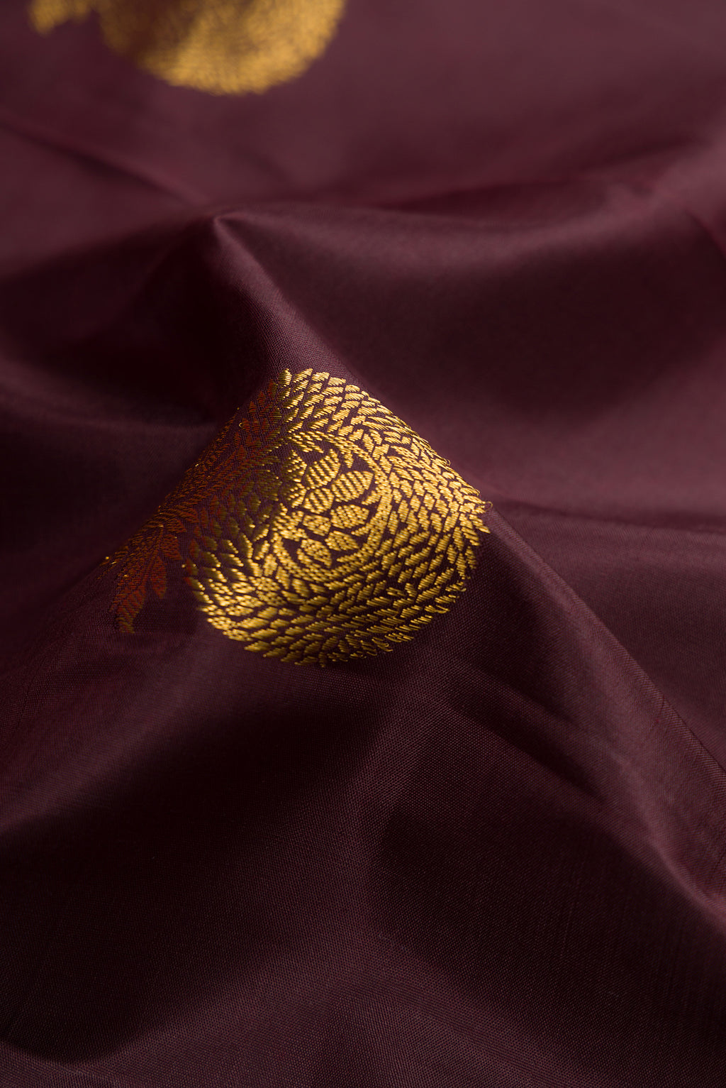 Close up of Brown Kanchipuram Silk Saree with Zari Butta on the body and Zari Border.  displaying folds