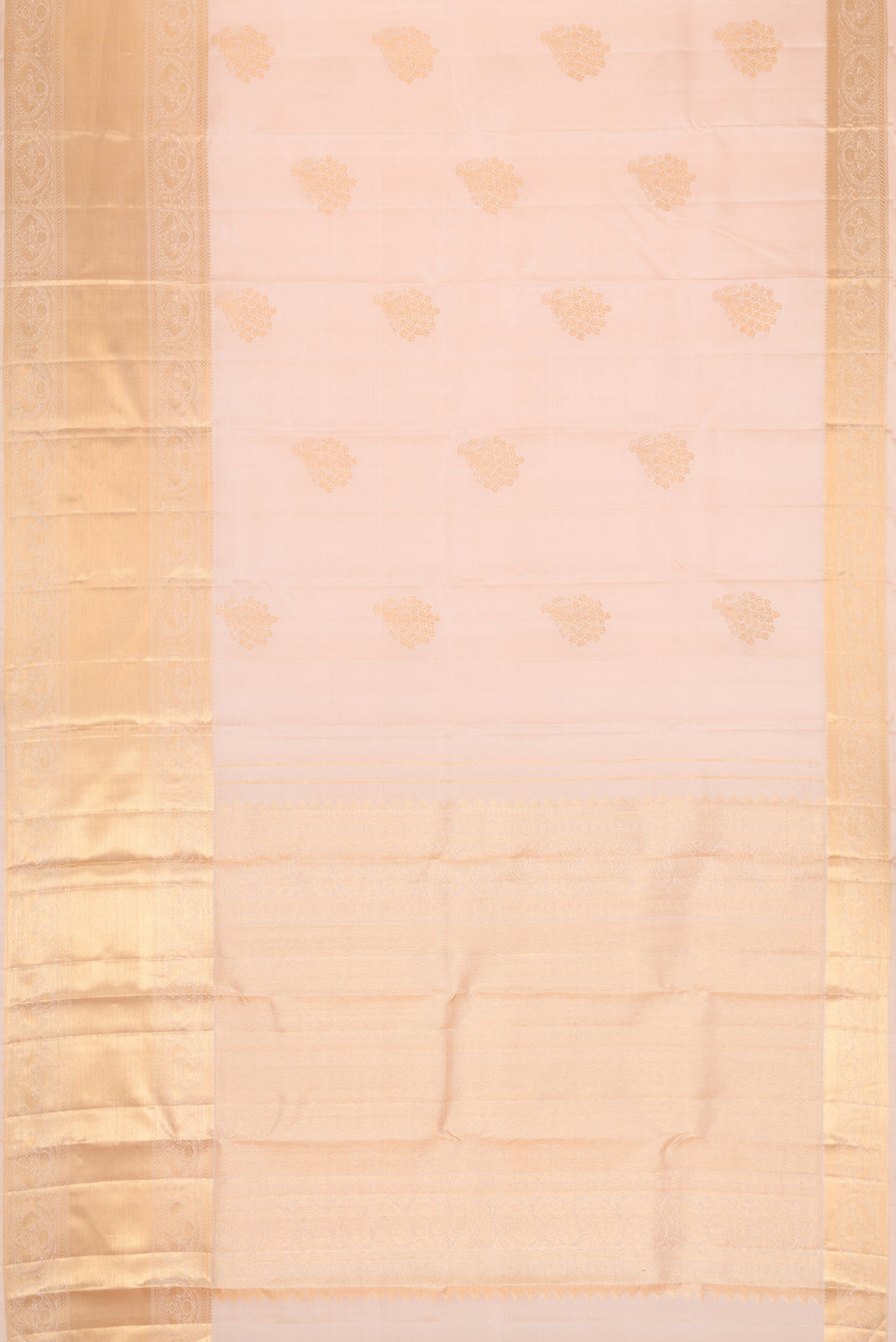 Flat view of Peach Dual Tone Kanchipuram Silk Saree with Zari Butta on the body and Zari Border. 