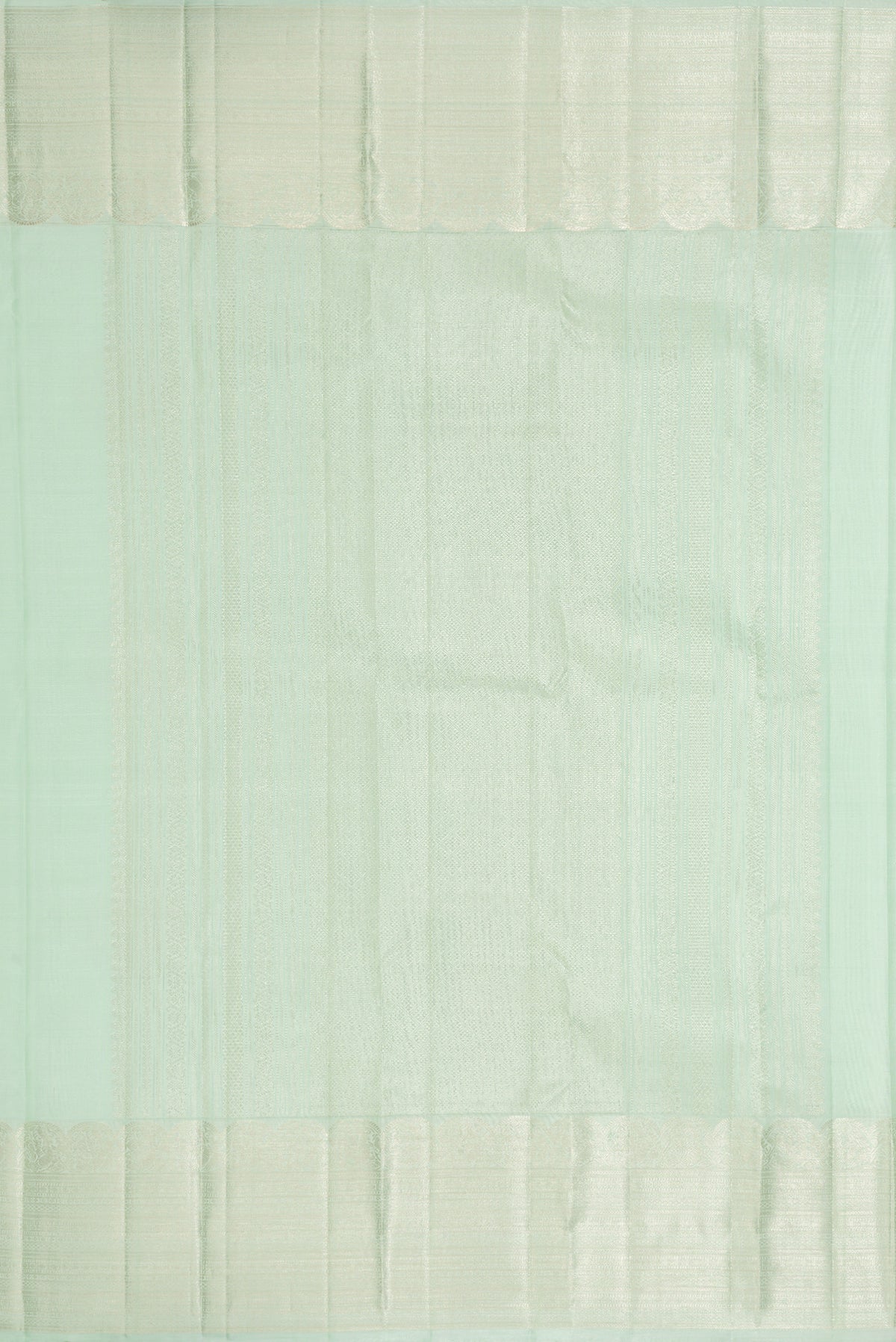 Close up image of the pallu of Pista Green Dual Tone Kanchipuram Silk Saree with Zari Butta on the body and Zari Border. 