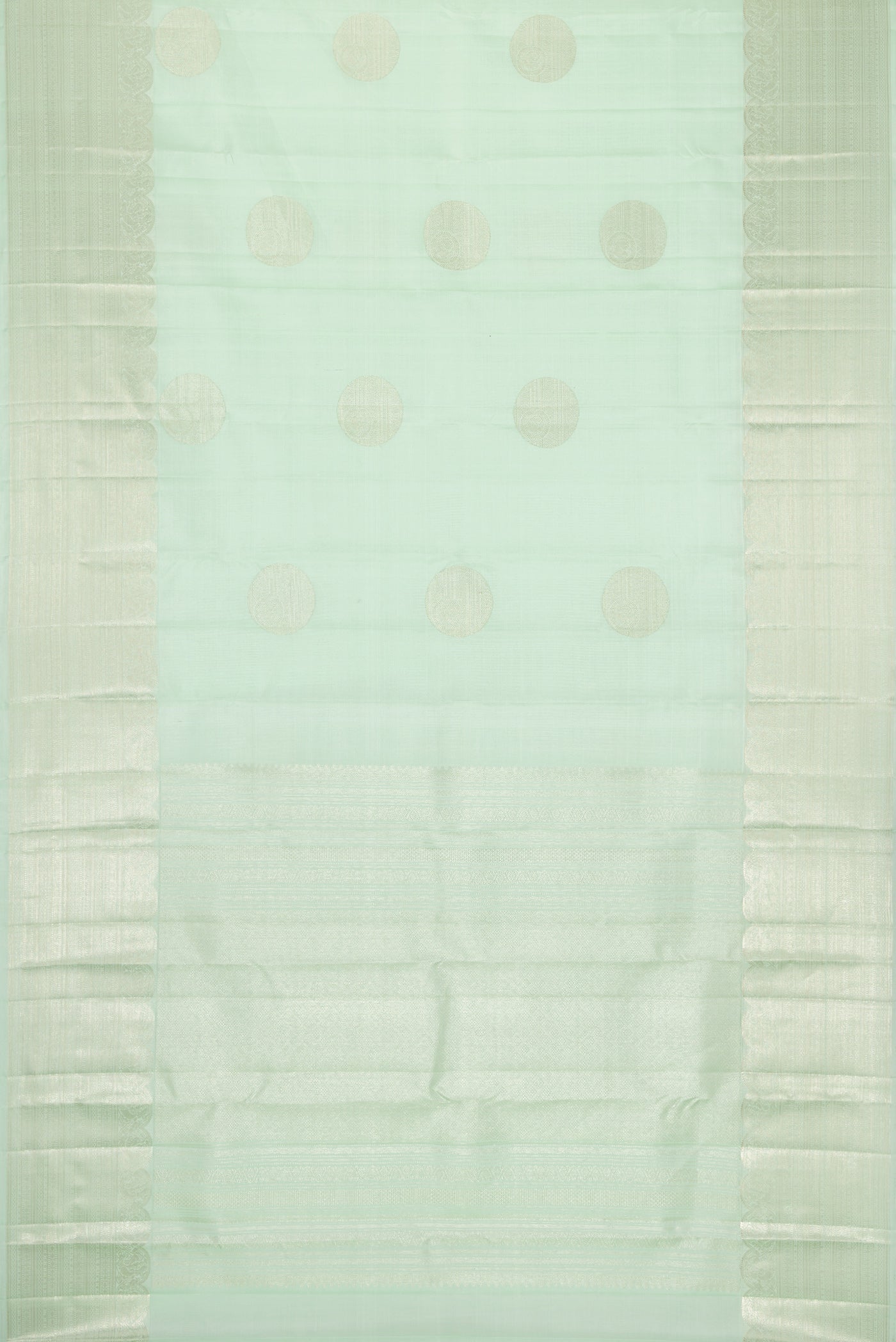 Flat view of Pista Green Dual Tone Kanchipuram Silk Saree with Zari Butta on the body and Zari Border. 