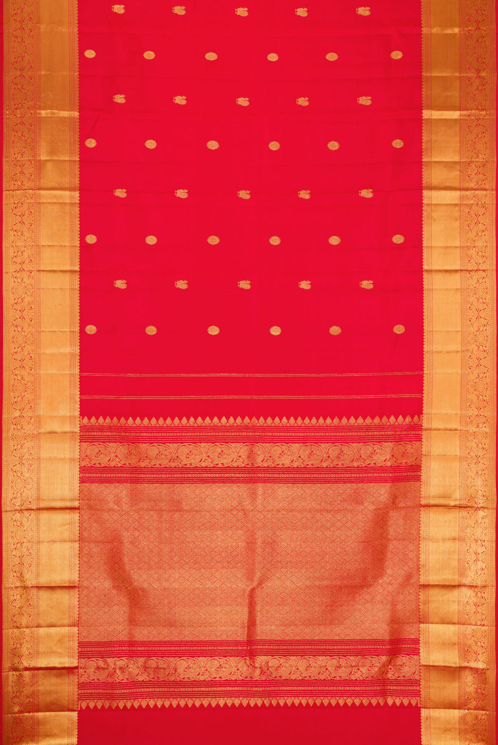 Flat view of Red Dual Tone Kanchipuram Silk Saree with Zari Butta on the body and Zari Border. 