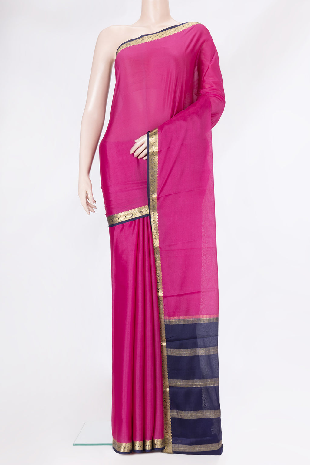 Magenta Dual Tone Mysore Silk Saree with Plain Body and Zari Border.  displayed on a mannequin