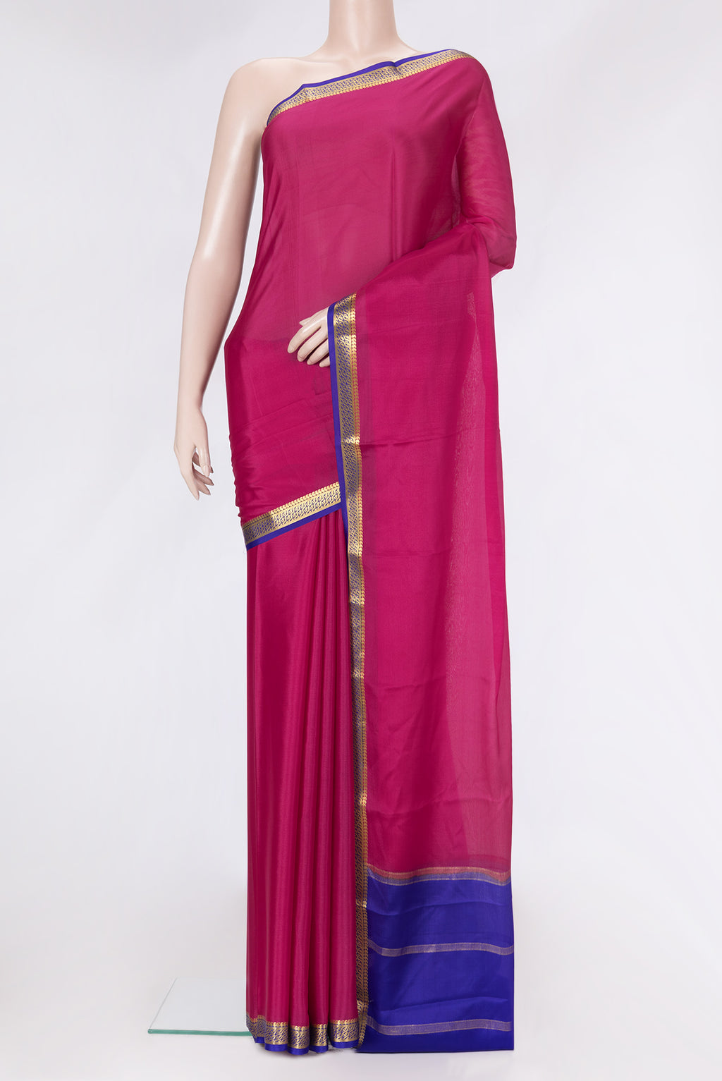 Magenta Dual Tone Mysore Silk Saree with Plain Body and Zari Border.  displayed on a mannequin