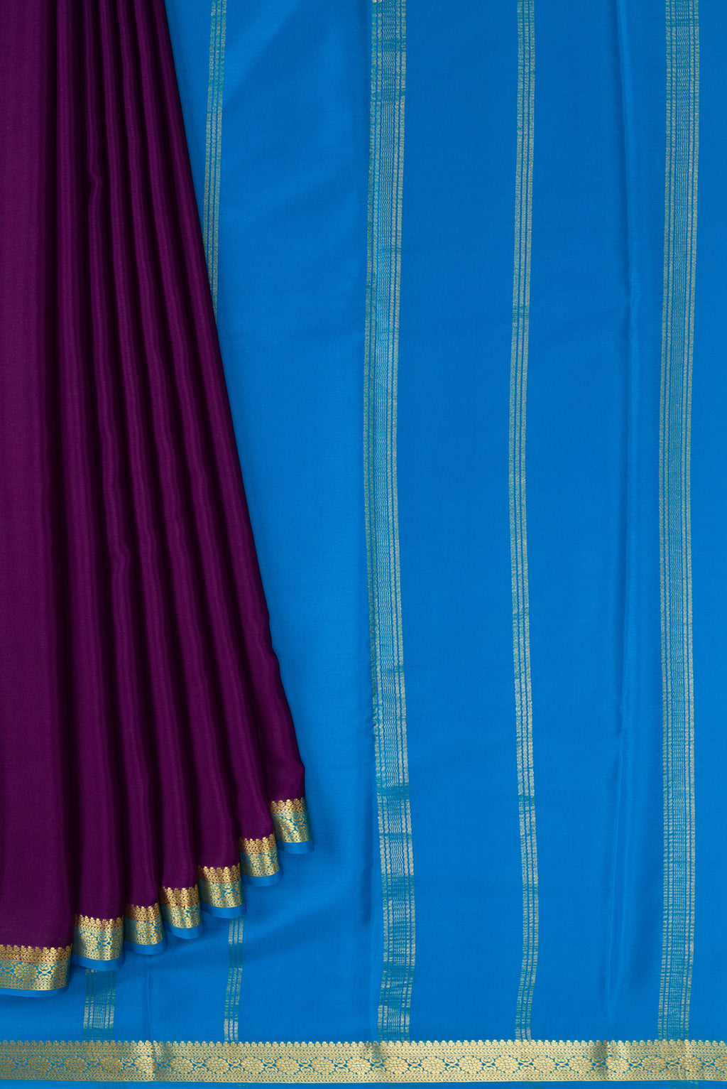 Pleats and pallu of Violet Dual Tone Mysore Crepe Saree with Plain Body and Zari Border. 
