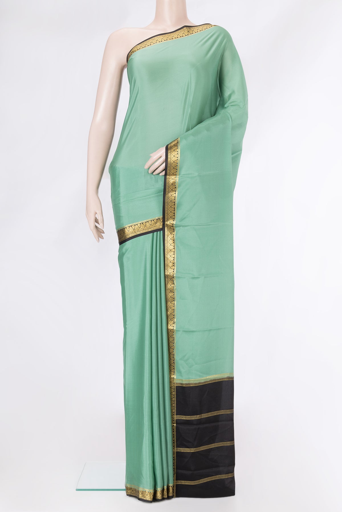 Sea Green Dual Tone Mysore Silk Saree with Plain Body and Zari Border.  displayed on a mannequin