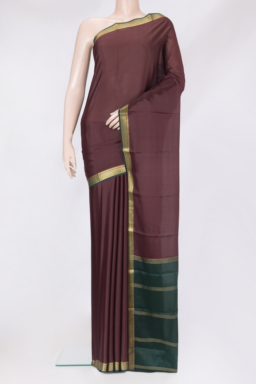 Coffee Brown Mysore Crepe Saree with Plain Body and Zari Border.  displayed on a mannequin