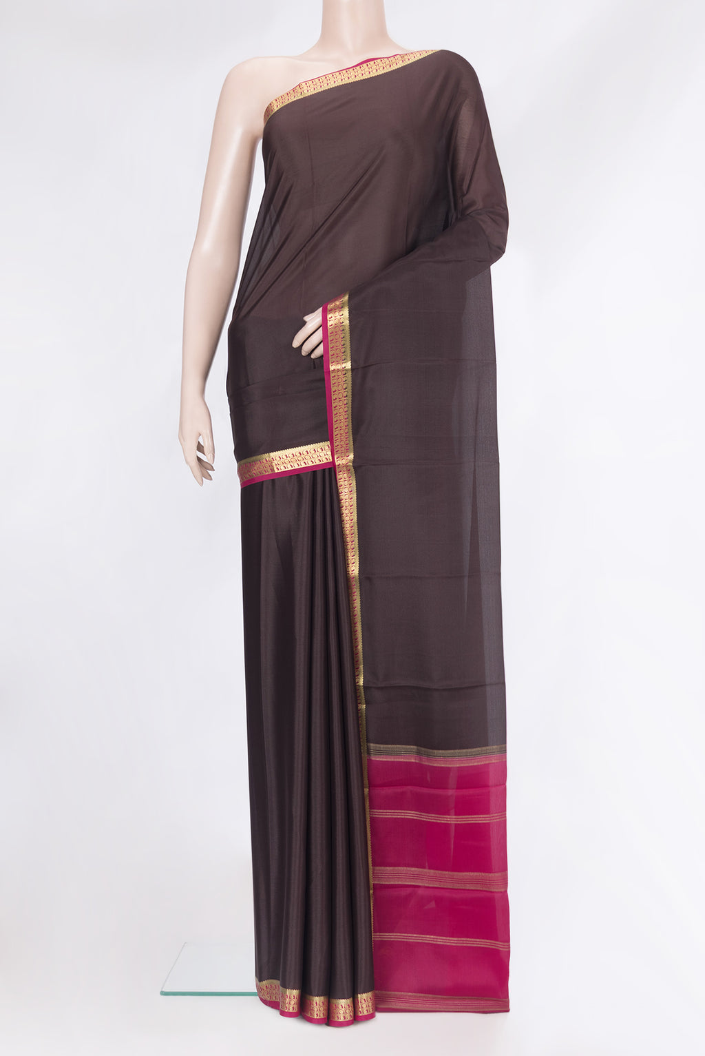 Coffee Brown Mysore Silk Saree with Plain Body and Zari Border.  displayed on a mannequin