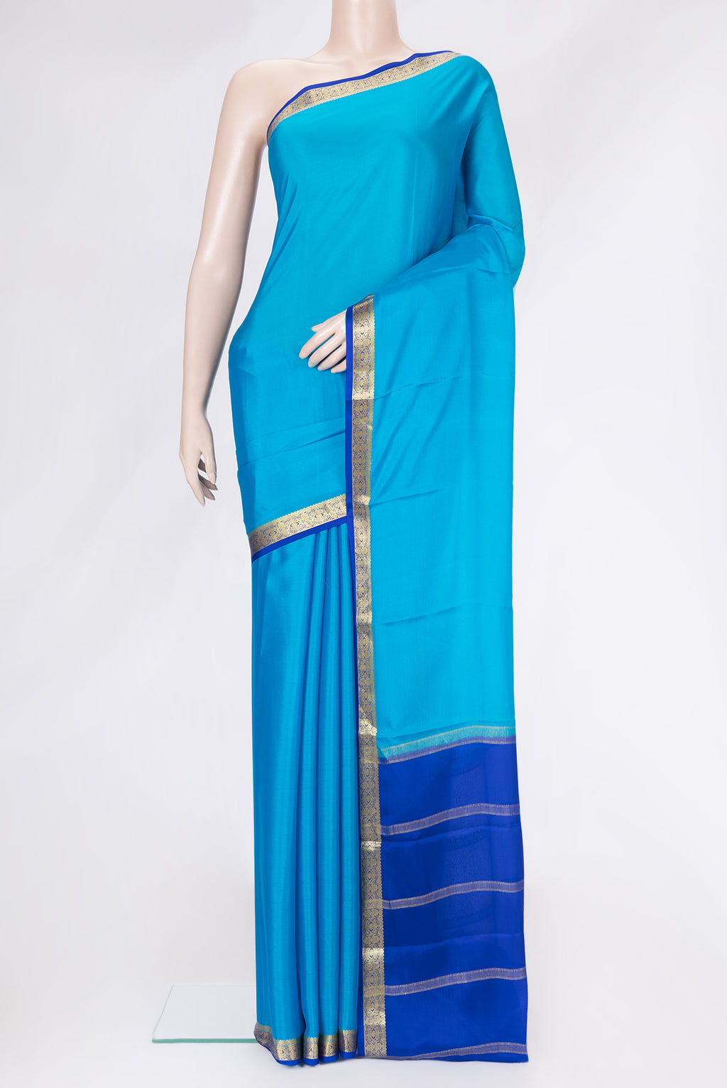 Sky Blue Dual Tone Mysore Silk Saree with Plain Body and Zari Border.  displayed on a mannequin