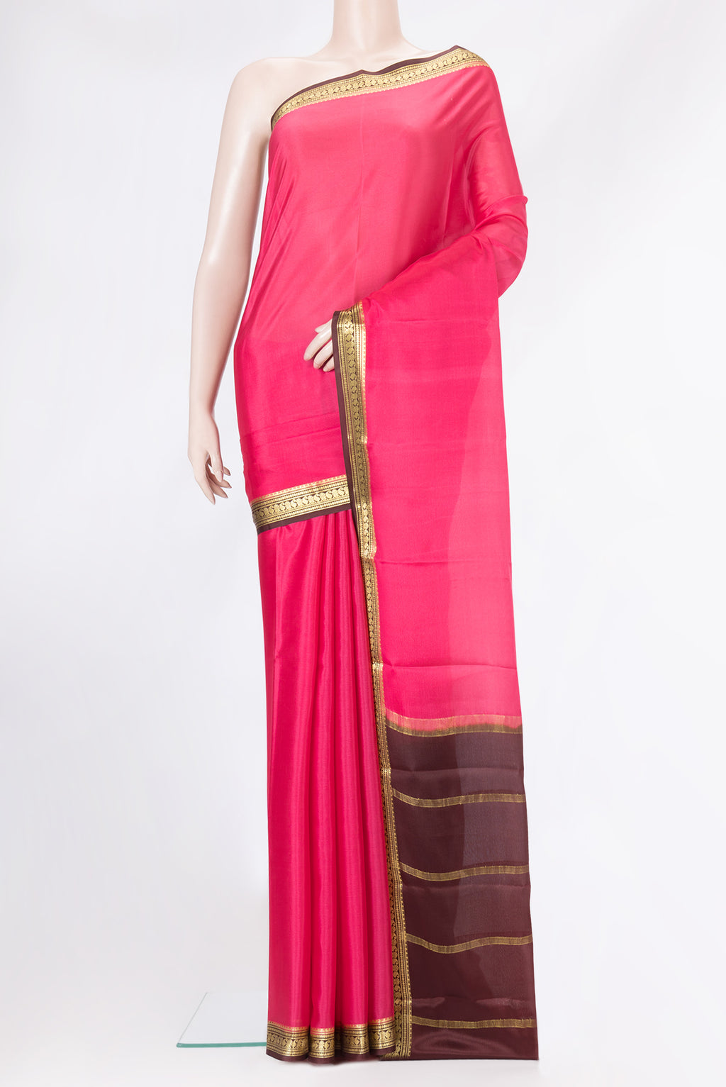 Pink Dual Tone Mysore Silk Saree with Plain Body and Zari Border.  displayed on a mannequin