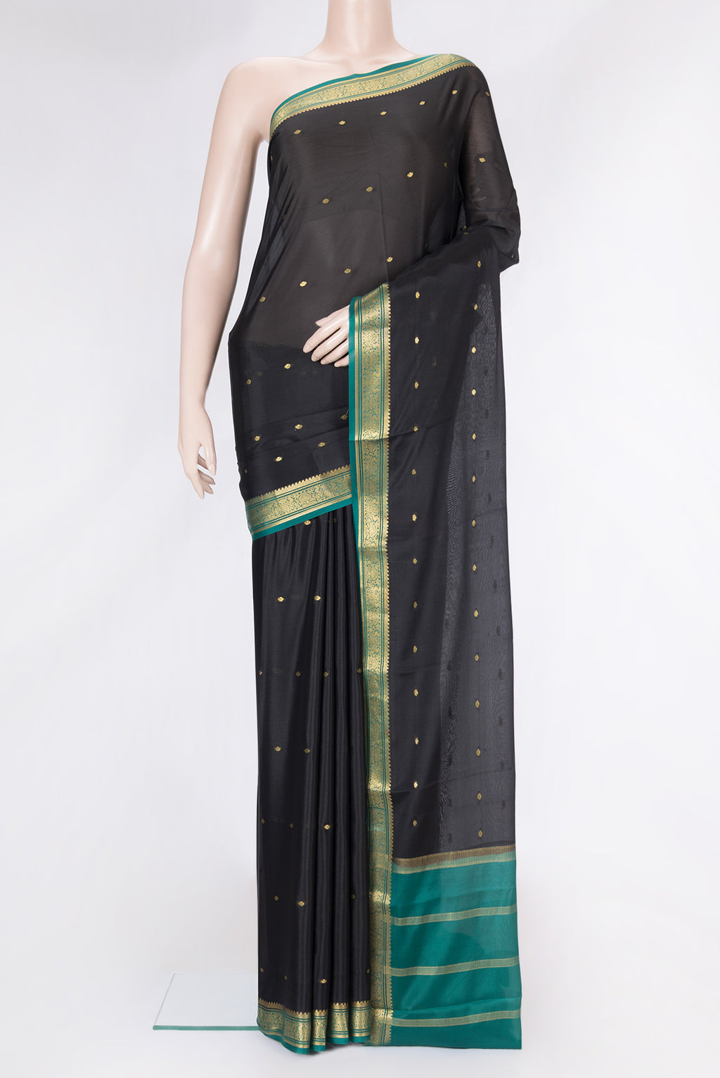 Black Dual Tone Mysore Silk Saree with Zari Butta on the body and Zari Border.  displayed on a mannequin