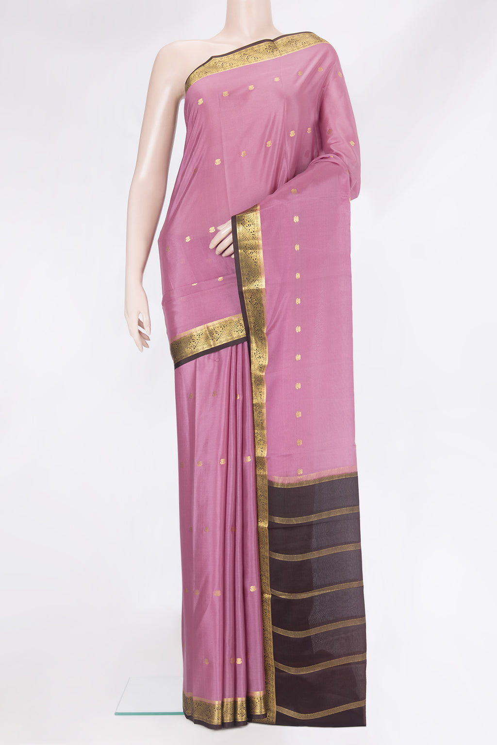 Pink Mysore Silk Saree with Zari Butta on the body and Zari Border.  displayed on a mannequin