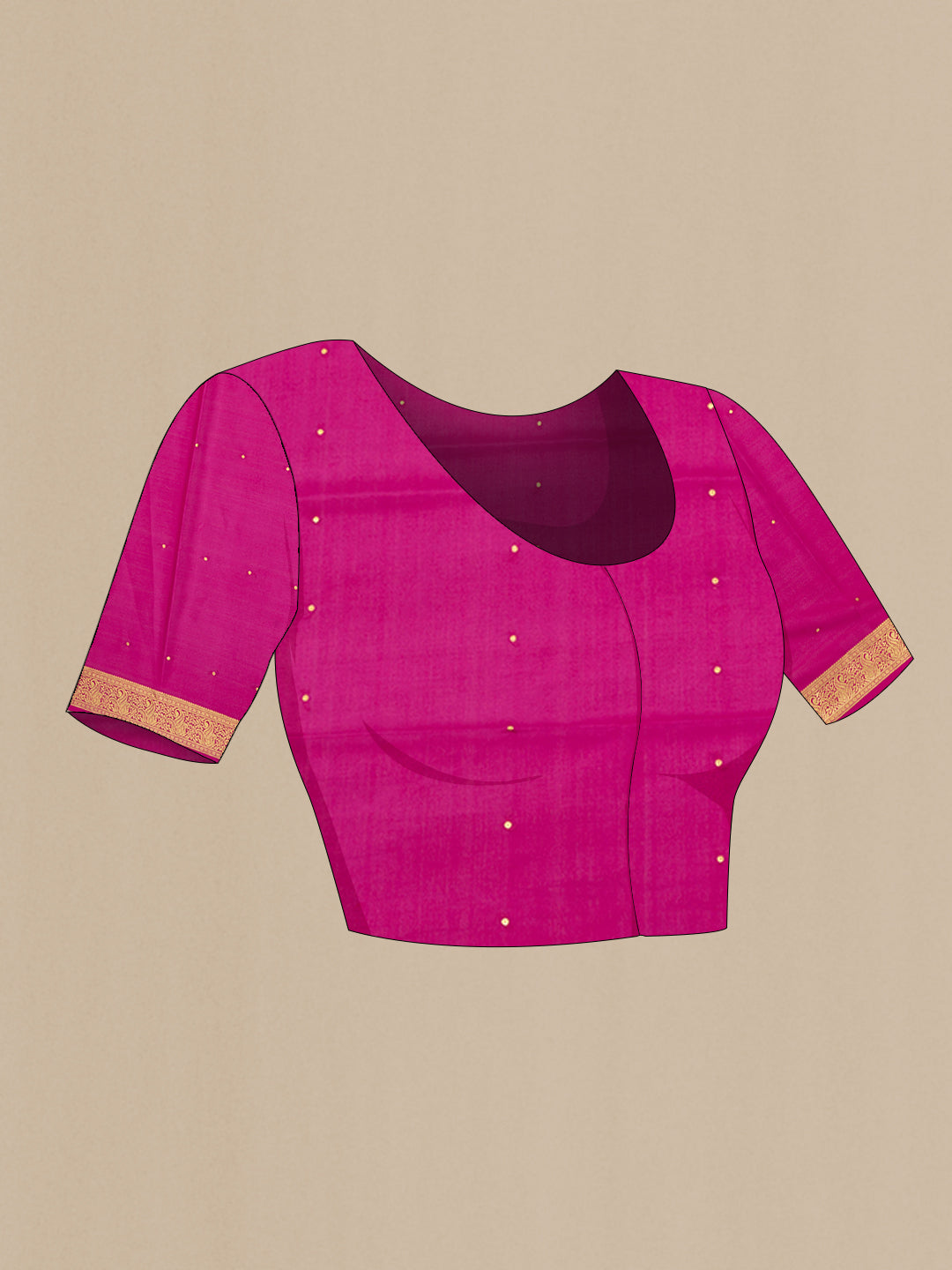Close up image of the blouse of Pista Green Mysore Silk Saree with Zari Butta on the body and Zari Border. 