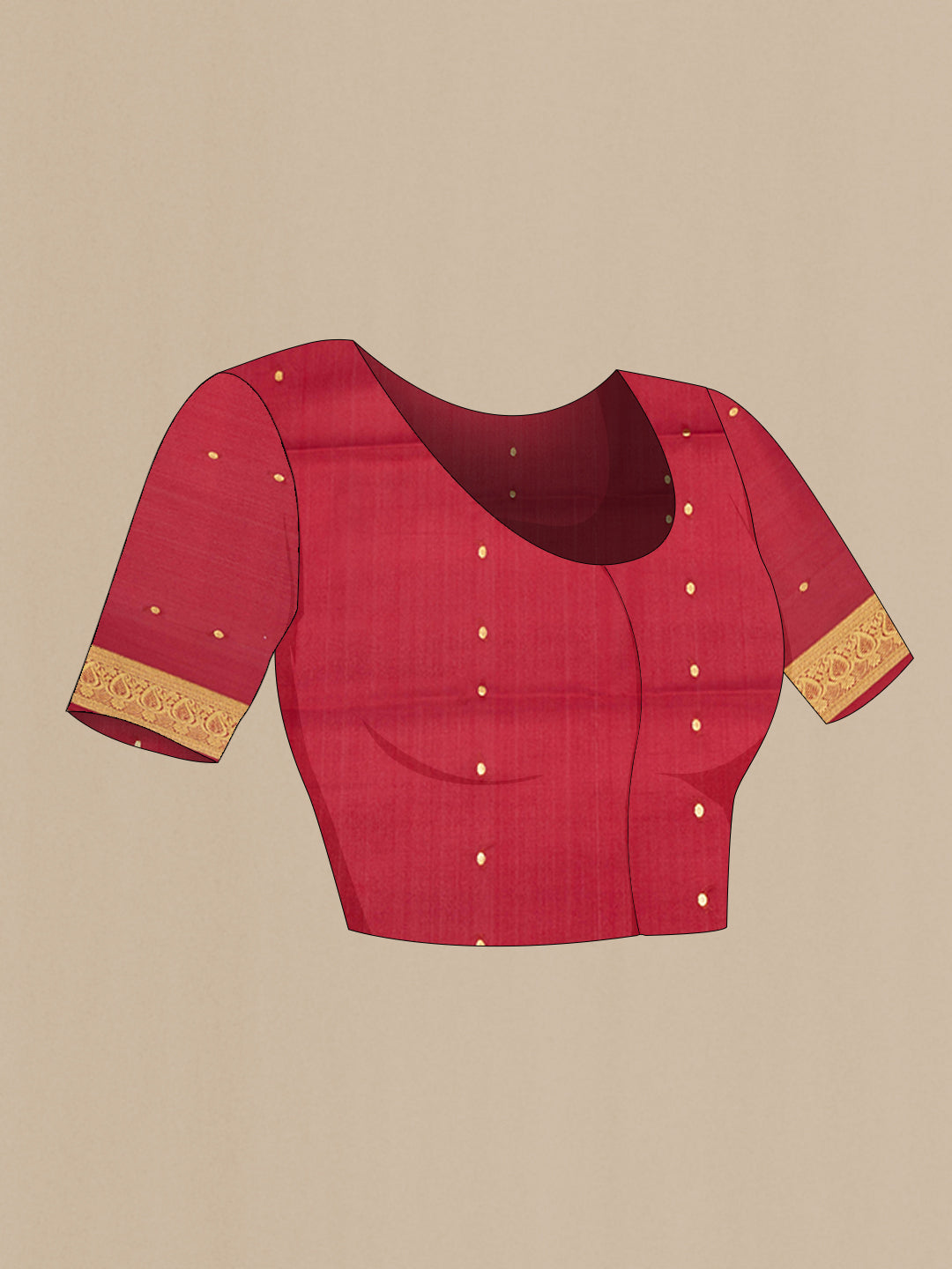Close up image of the blouse of Bottle Green Mysore Silk Saree with Zari Butta on the body and Zari Border. 