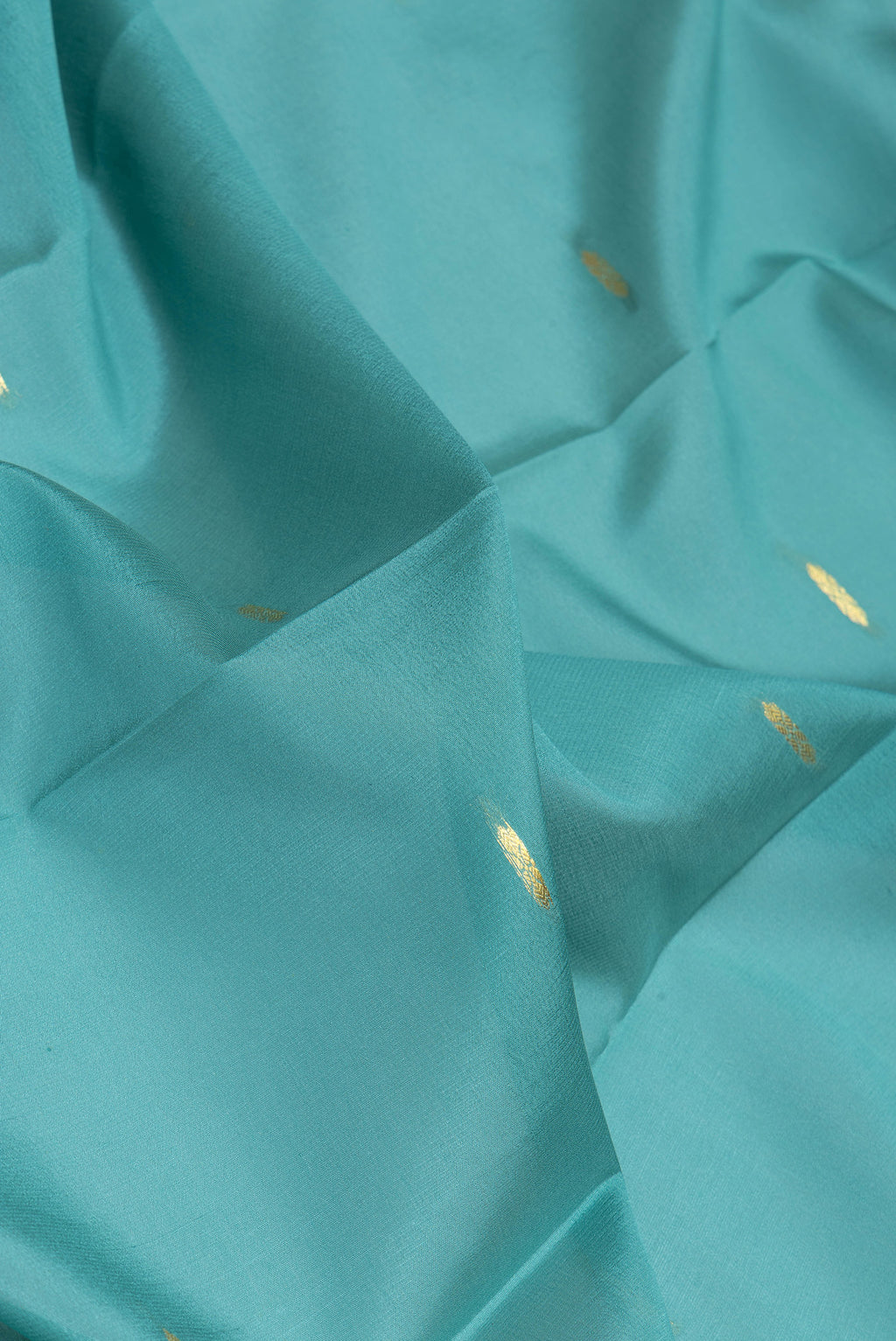 Close up of Light Green Mysore Silk Saree with Zari Butta on the body and Zari Border.  displaying folds