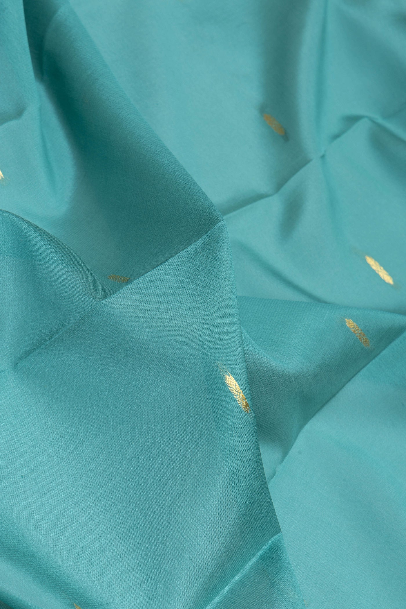 Close up of Light Green Mysore Silk Saree with Zari Butta on the body and Zari Border.  displaying folds