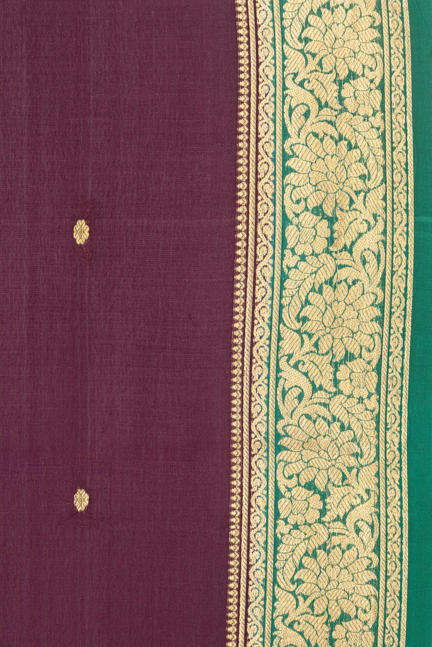 Border image of Burgundy Dual Tone Mysore Silk Saree with Zari Butta on the body and Zari Border. 