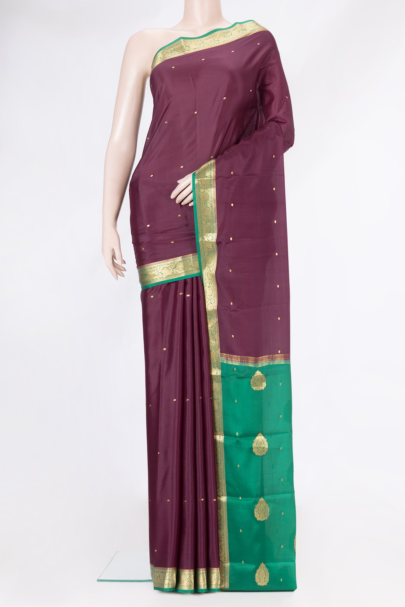 Burgundy Dual Tone Mysore Silk Saree with Zari Butta on the body and Zari Border.  displayed on a mannequin