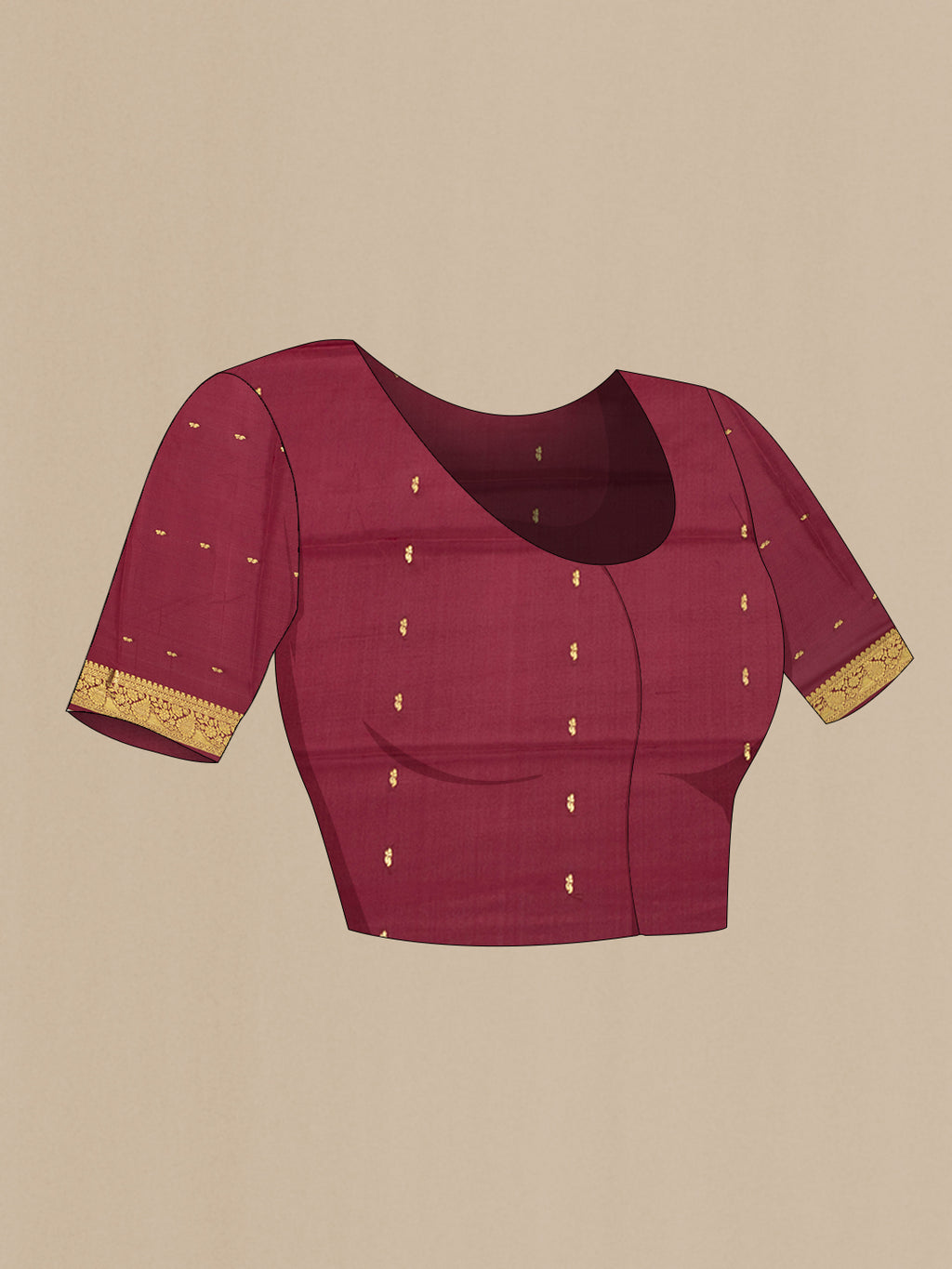 Close up image of the blouse of Rose pink Mysore Silk Saree with Zari Butta on the body and Zari Border. 