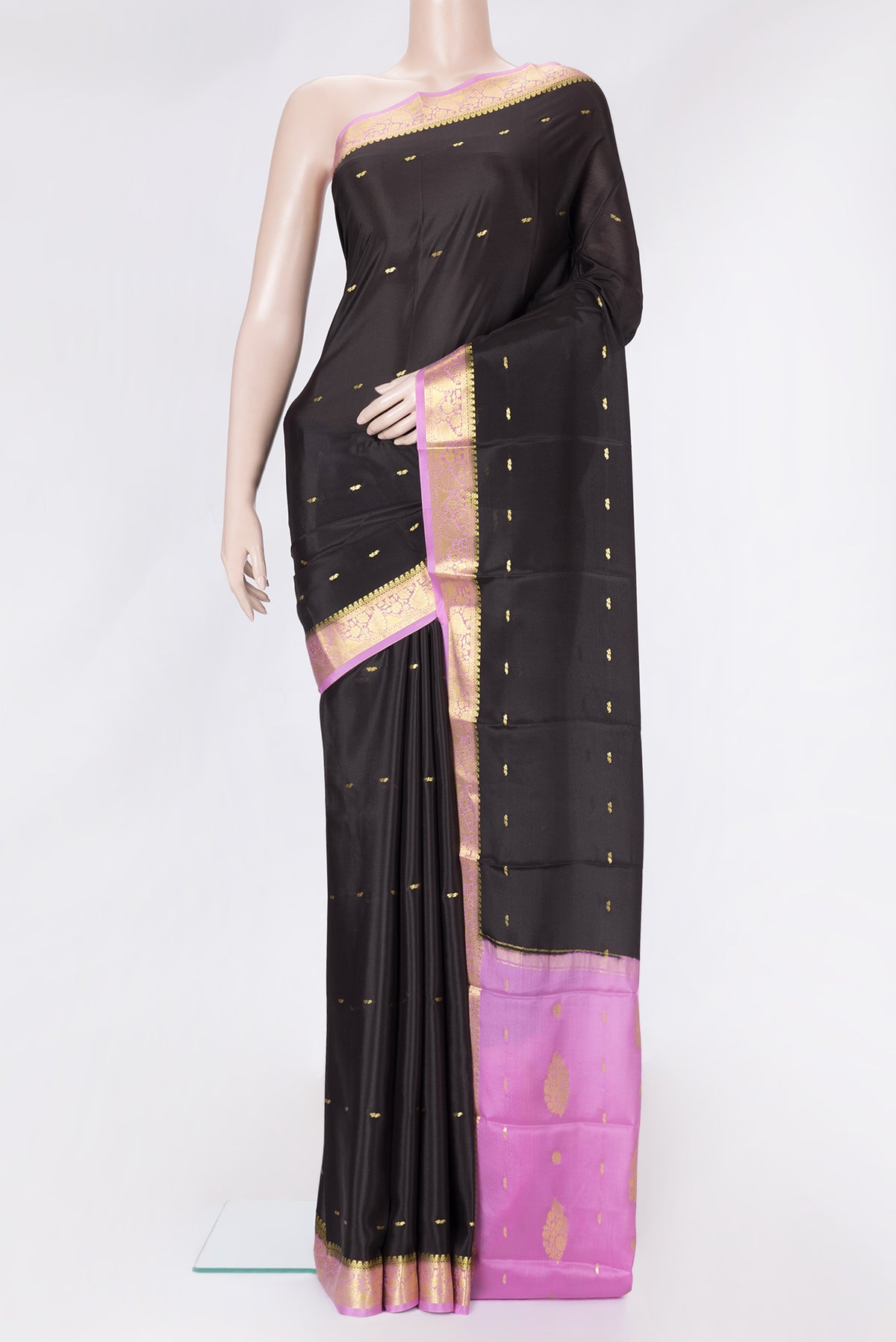 Black Dual Tone Mysore Silk Saree with Zari Butta on the body and Zari Border.  displayed on a mannequin