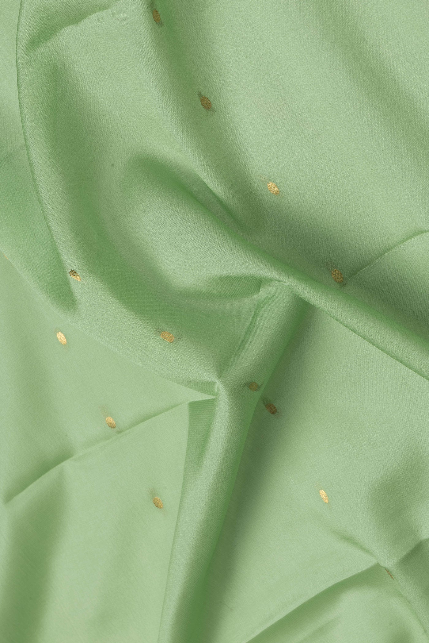 Close up of Pista Green Dual Tone Mysore Silk Saree with Zari Butta on the body and Zari Border.  displaying folds
