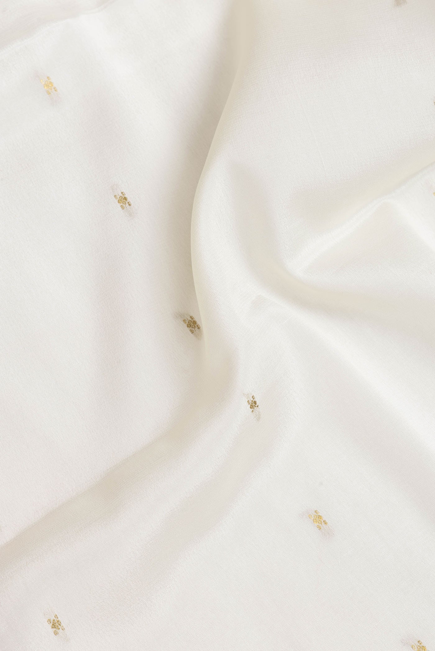 Close up of Off White Dual Tone Mysore Silk Saree with Zari Butta on the body and Zari Border.  displaying folds