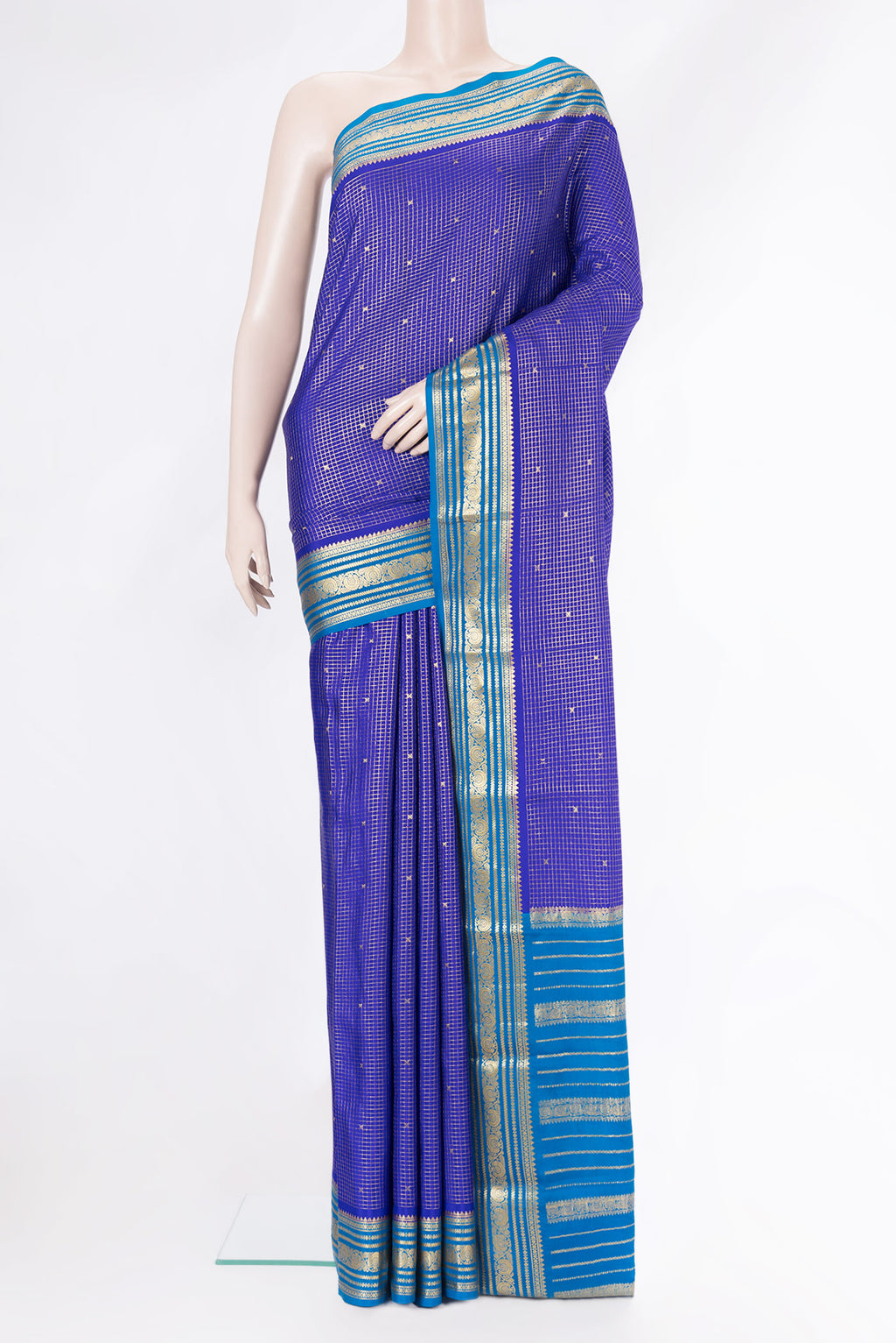 Royal Blue Dual Tone Mysore Silk Saree with Checked design on the body and Zari Border.  displayed on a mannequin