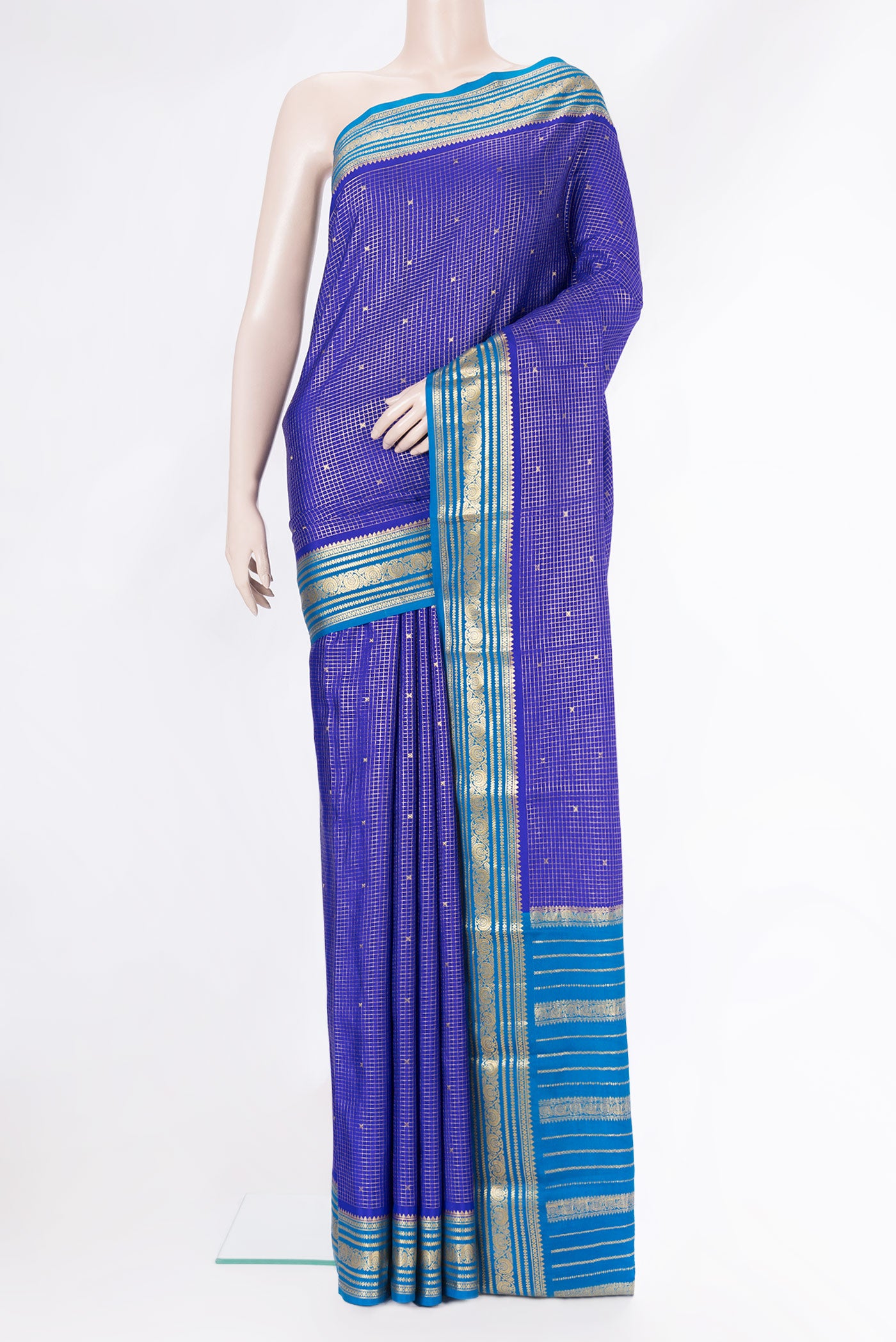 Royal Blue Dual Tone Mysore Silk Saree with Checked design on the body and Zari Border.  displayed on a mannequin