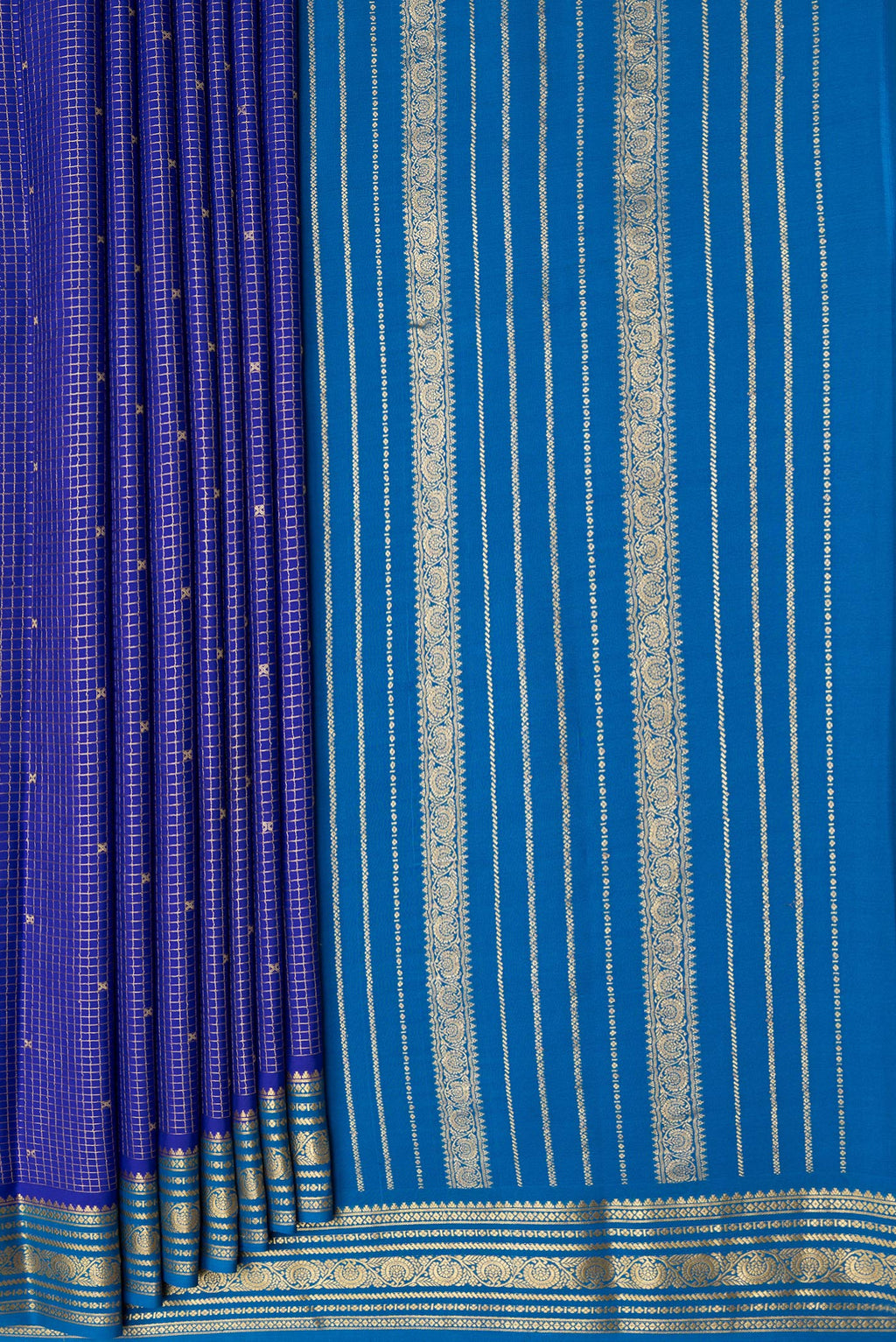 Pleats and pallu of Royal Blue Dual Tone Mysore Silk Saree with Checked design on the body and Zari Border. 