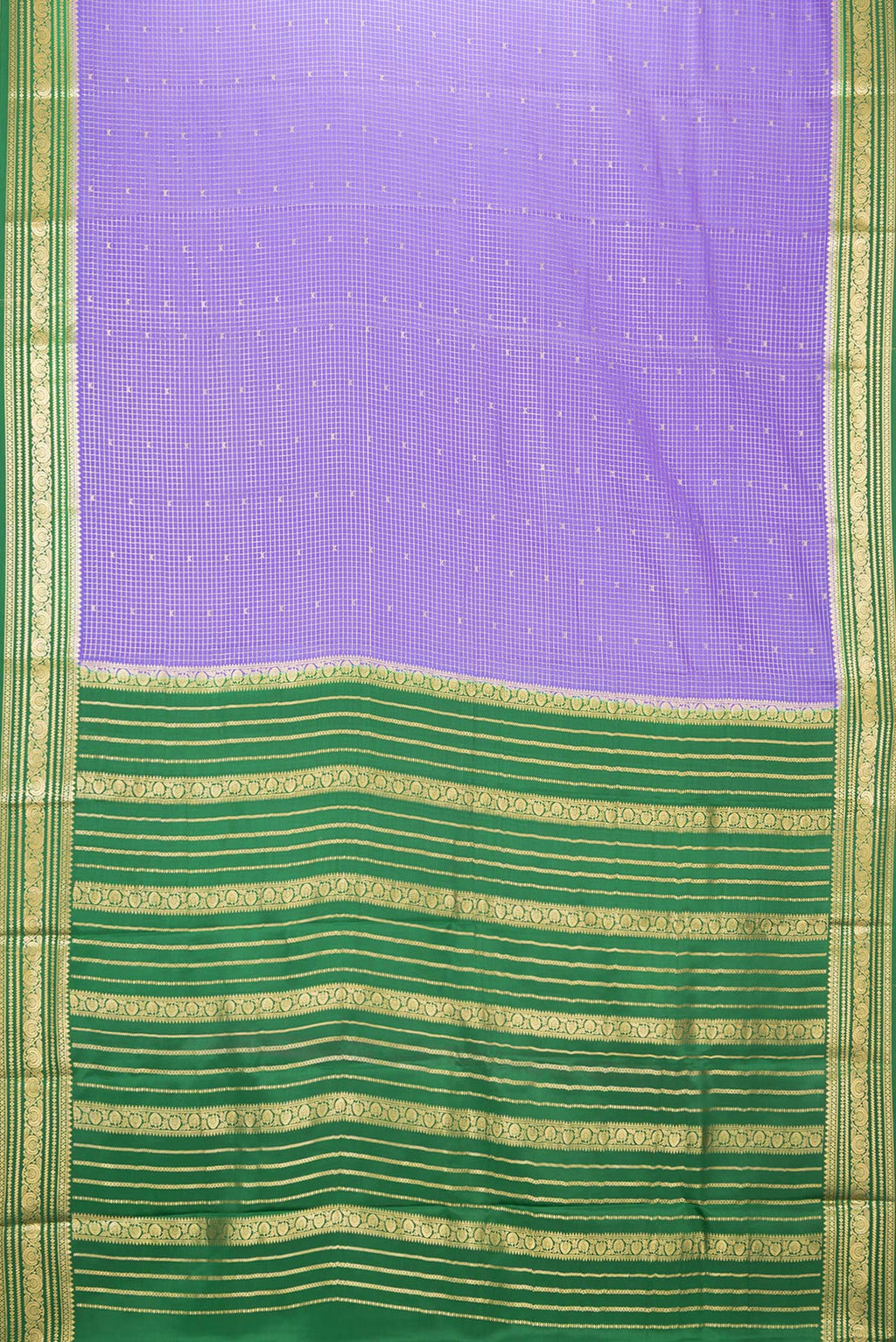 Flat view of Lavender Mysore Crepe Saree with Checked design on the body and Zari Border. 