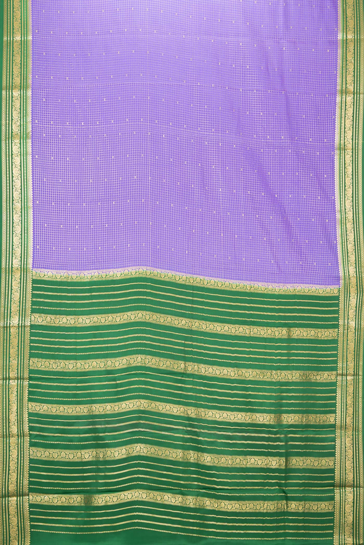 Flat view of Lavender Mysore Crepe Saree with Checked design on the body and Zari Border. 