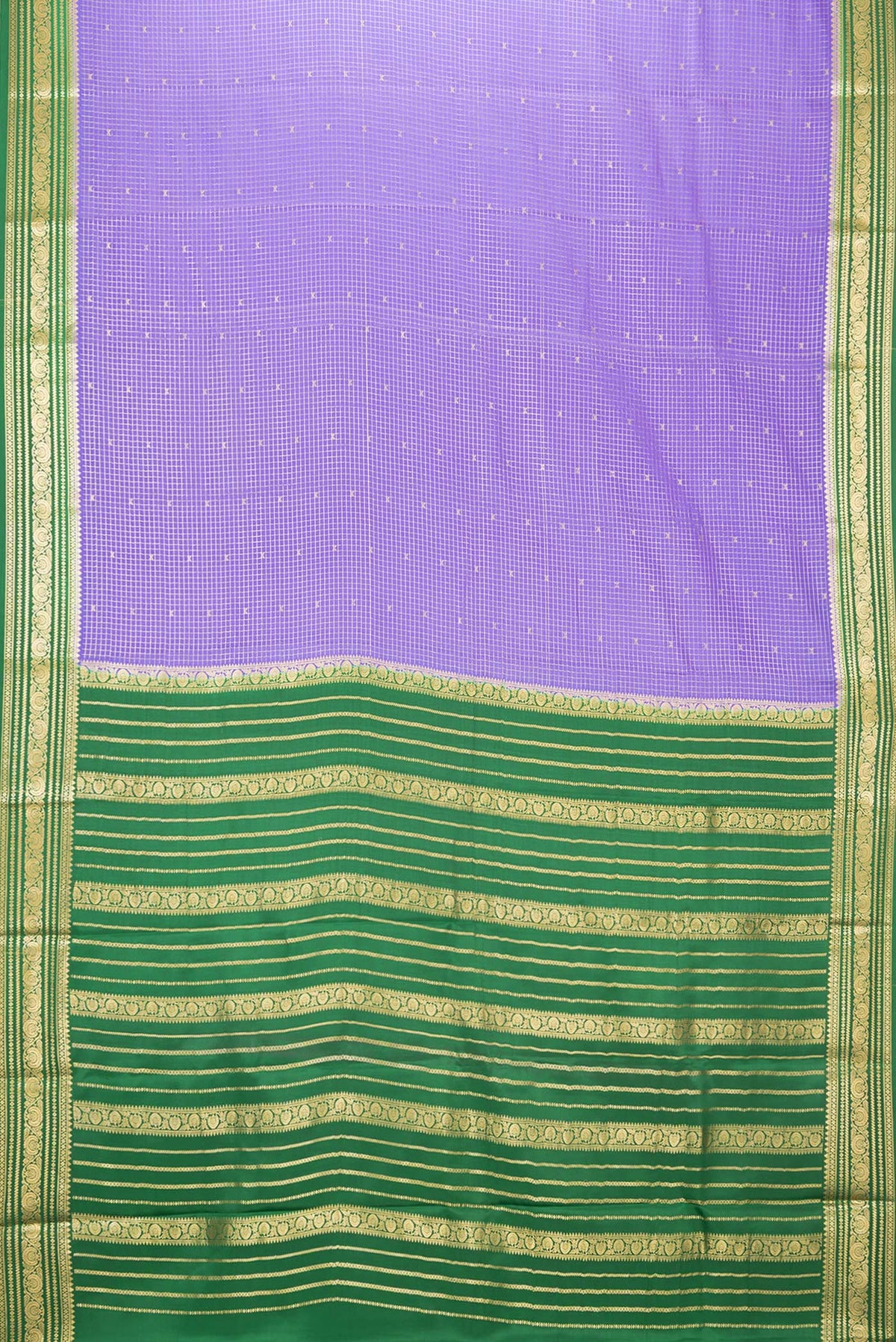 Flat view of Lavender Mysore Crepe Saree with Checked design on the body and Zari Border. 