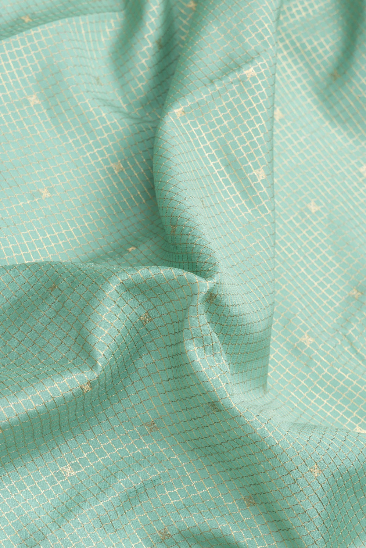 Close up of Light Green Dual Tone Mysore Silk Saree with Checked design on the body and Zari Border.  displaying folds