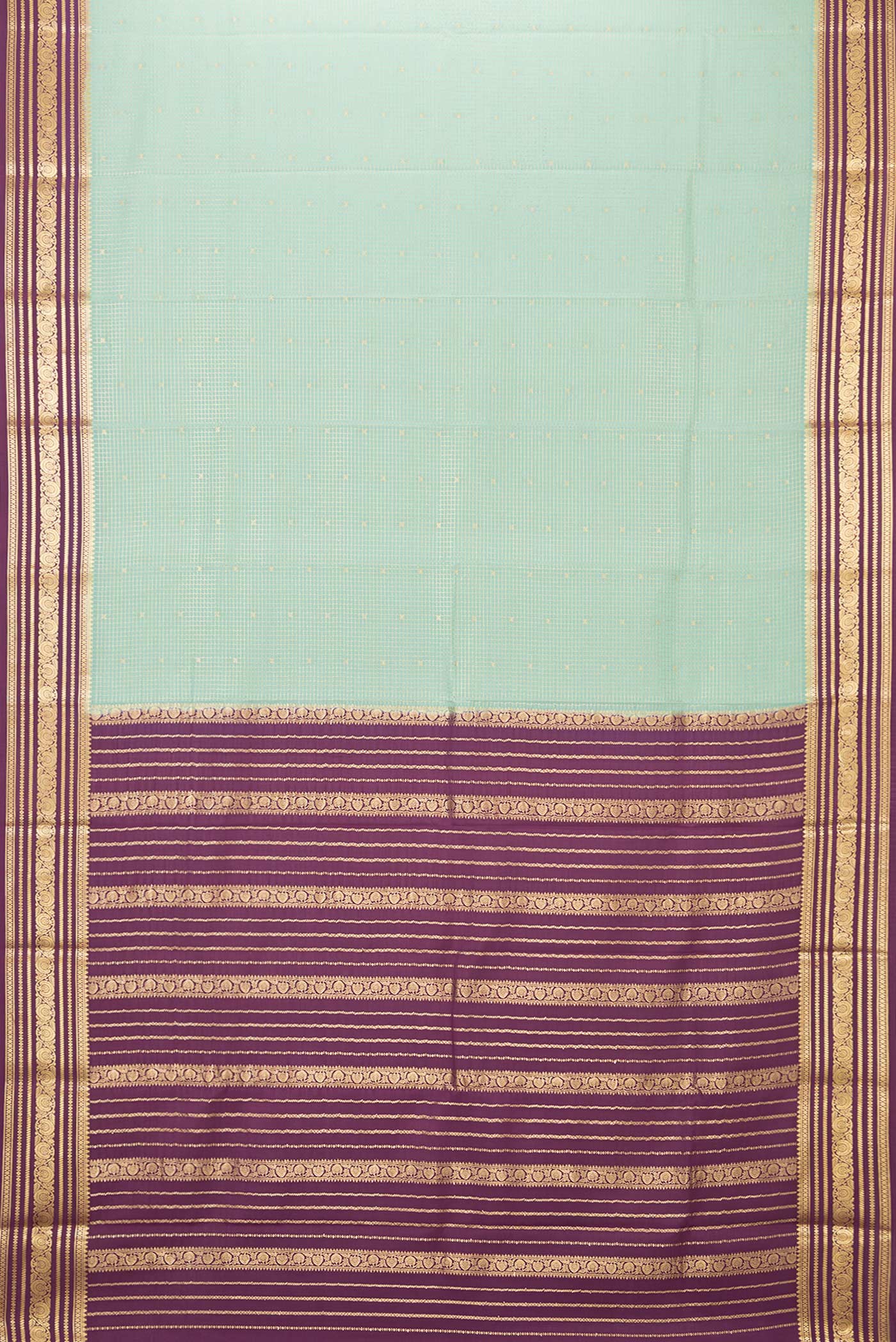 Flat view of Light Green Dual Tone Mysore Silk Saree with Checked design on the body and Zari Border. 