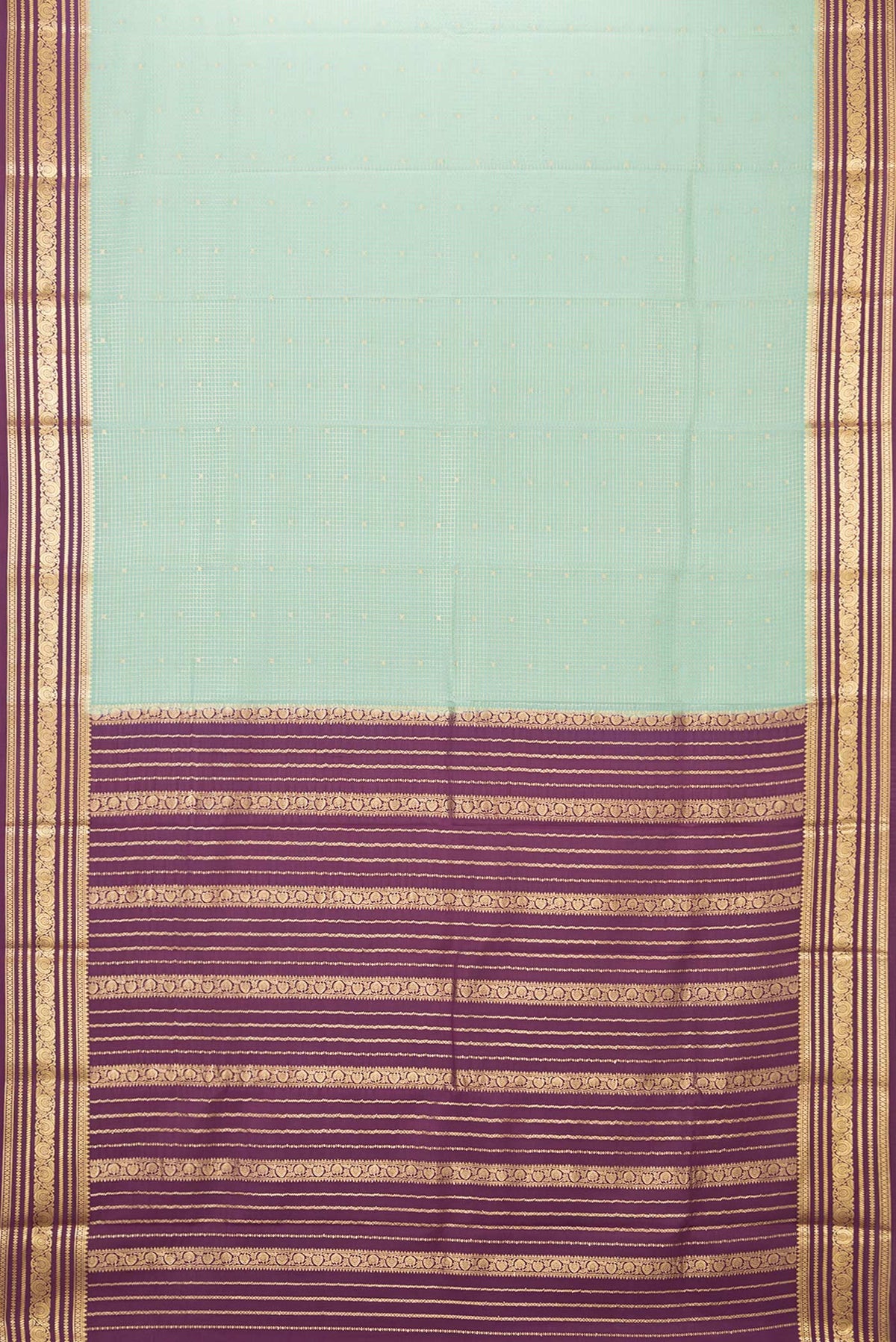 Flat view of Light Green Dual Tone Mysore Silk Saree with Checked design on the body and Zari Border. 