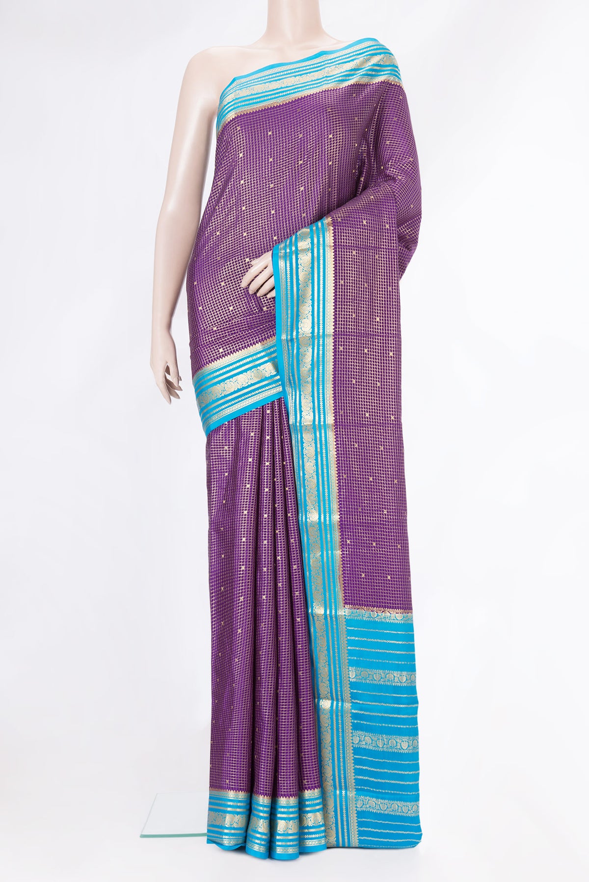 Violet Dual Tone Mysore Silk Saree with Checked design on the body and Zari Border.  displayed on a mannequin