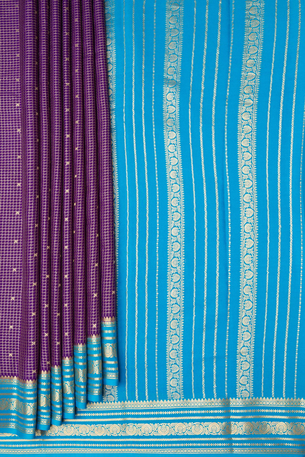 Pleats and pallu of Violet Dual Tone Mysore Silk Saree with Checked design on the body and Zari Border. 
