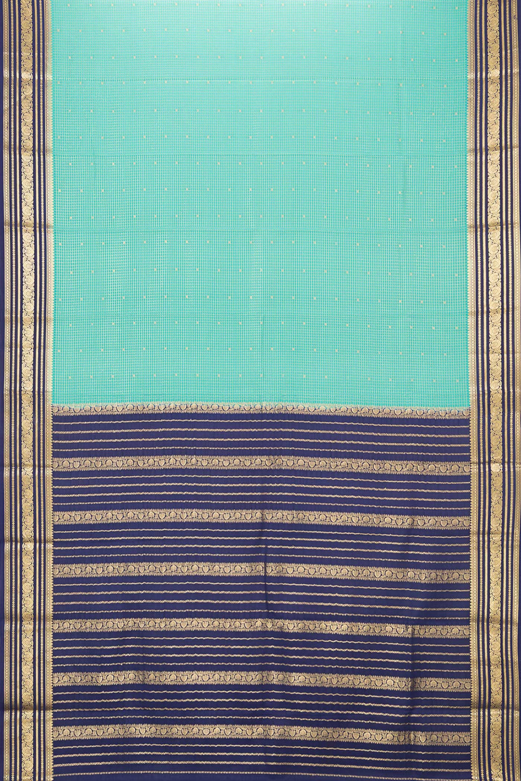 Flat view of Sea Green Mysore Crepe Saree with Checked design on the body and Zari Border. 