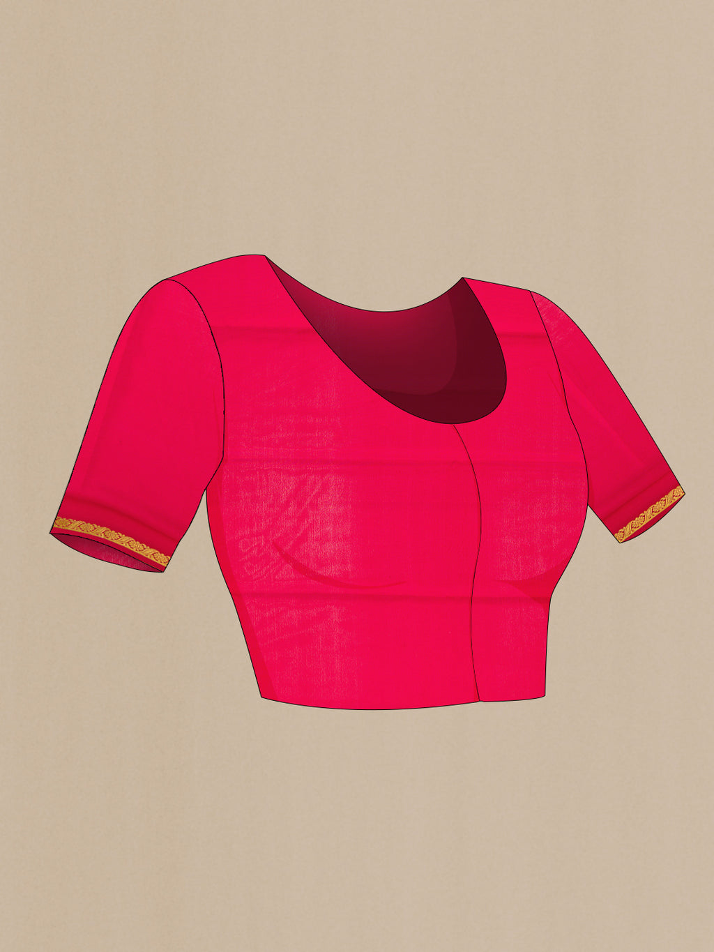 Close up image of the blouse of Maroon Mysore Crepe Saree with Plain Body and Zari Border. 
