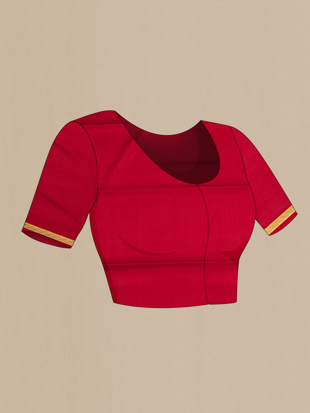 Close up image of the blouse of Red Mysore Crepe Saree with Plain Body and Zari Border. 