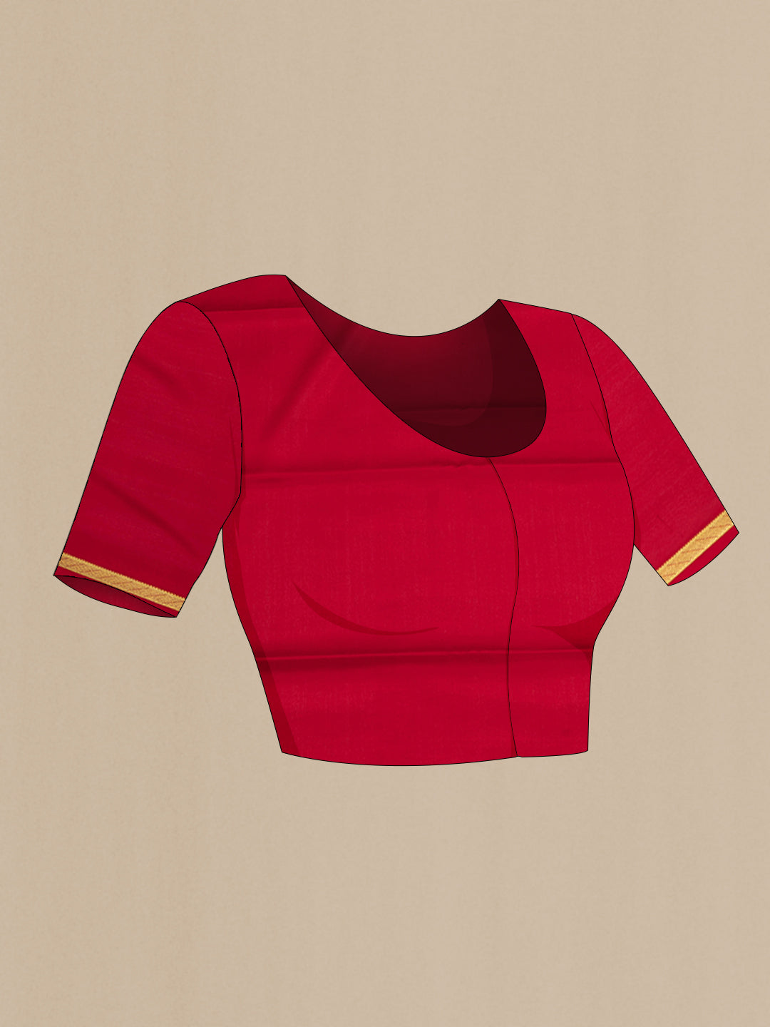 Close up image of the blouse of Red Mysore Crepe Saree with Plain Body and Zari Border. 