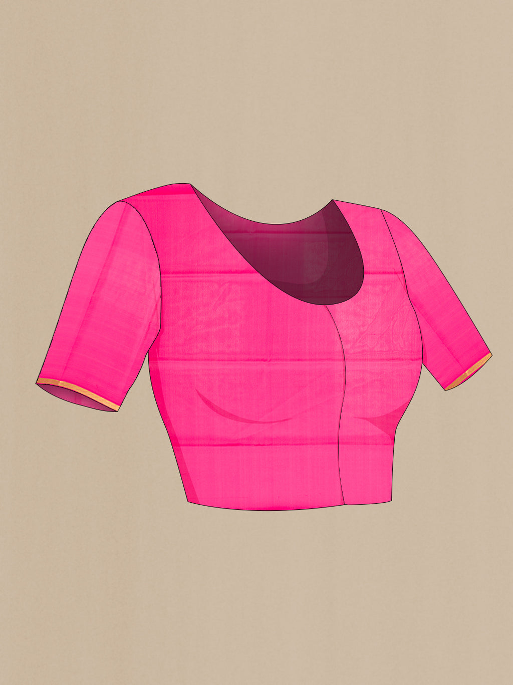 Close up image of the blouse of Pink Mysore Crepe Saree with Plain Body and Zari Border. 