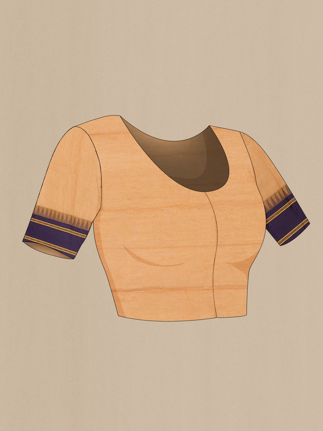 Close up image of the blouse of Mustard Kanchi Cotton Saree with Plain Body and Temple Border. 