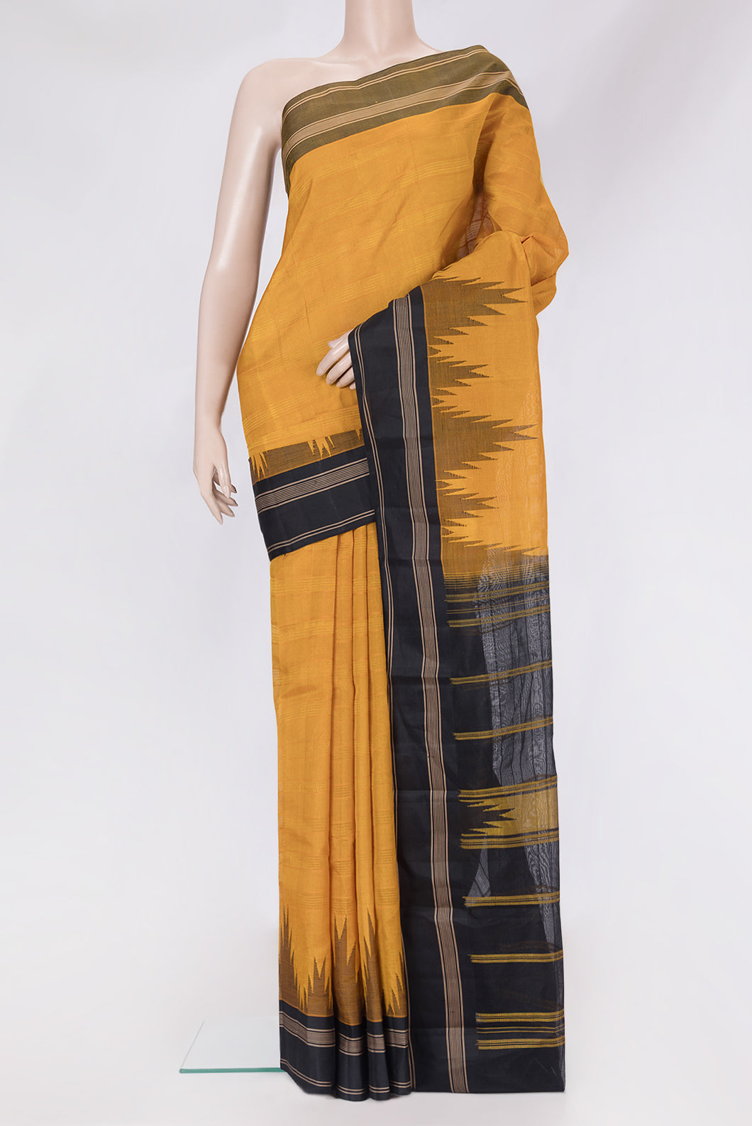 Yellow Kanchi Cotton Saree with Stripes on the body and Temple Border.  displayed on a mannequin
