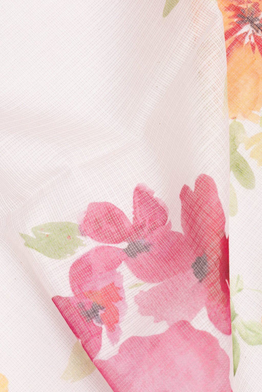 Close up of Pure Silk Off White Kota Saree with Printed design on the body and Thread Border.  displaying folds